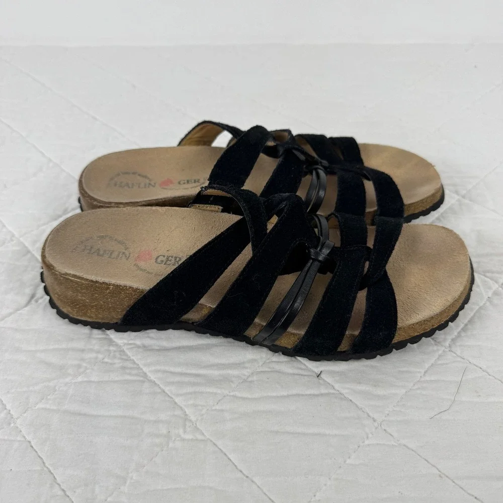 Haflinger‎ Black Suede Leather Strappy Cork Slide Sandals Womens 38 US 7